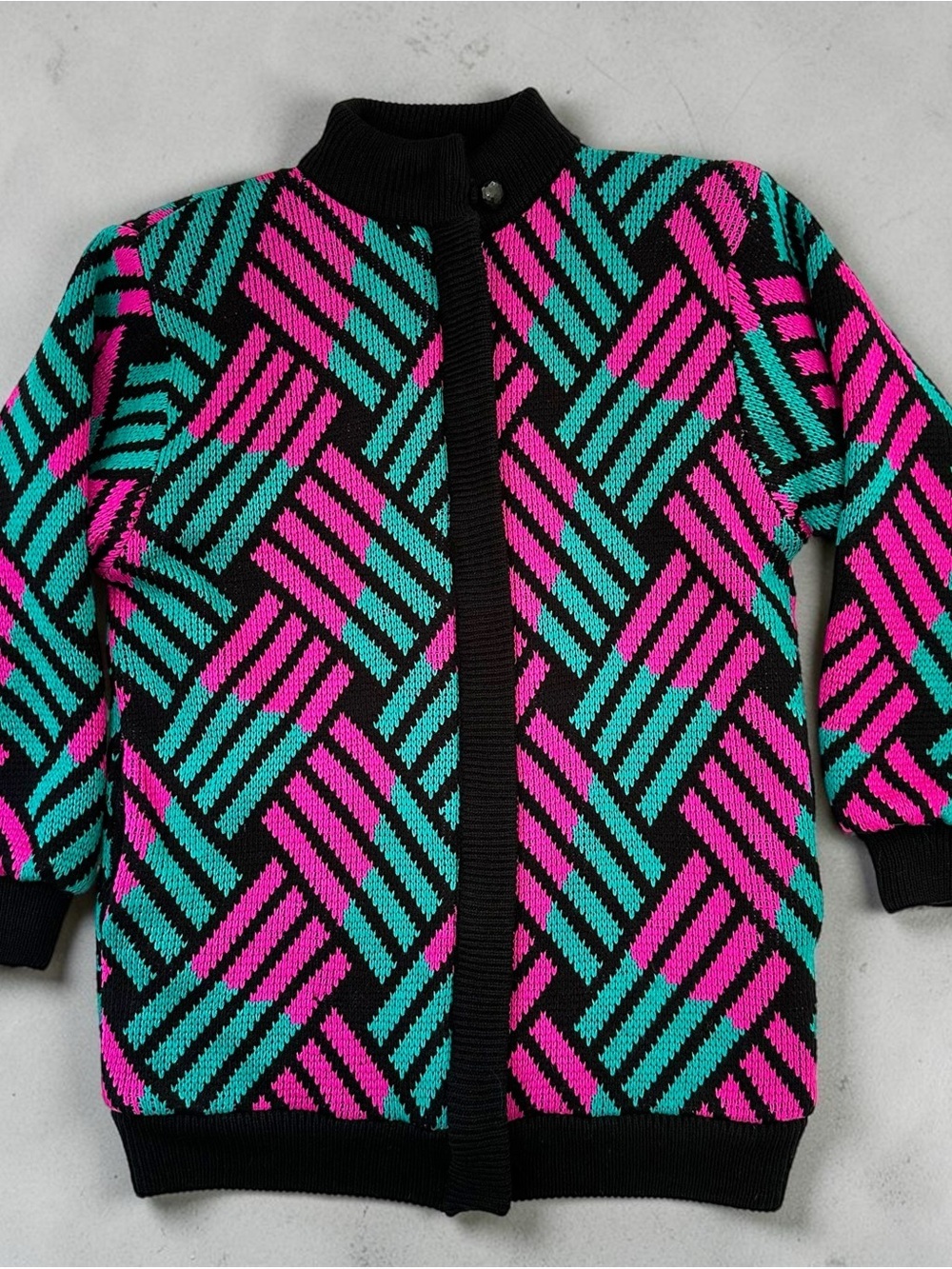 Vintage 80s Chori Oversized Colourblock Geometric Knit Bomber Jacket Pink Teal S - Picture 8 of 10